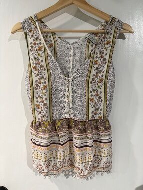 American Rag White Floral Boho Tank Top with Yellow & Brown Accents